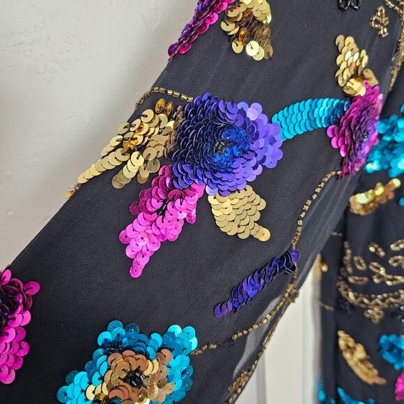 Vintage Silk Blazer Womens Sz Large Black Beaded 90s Floral Glam Elegant Evening - Picture 4 of 9